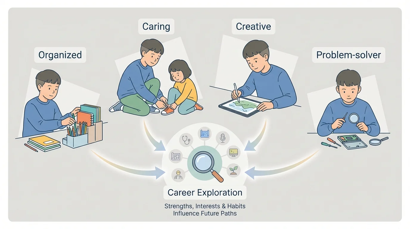 student doing different activities at home such as organizing supplies, helping a younger child, drawing a picture, and fixing a small gadget, with simple labels like organized, caring, creative, problem-solver