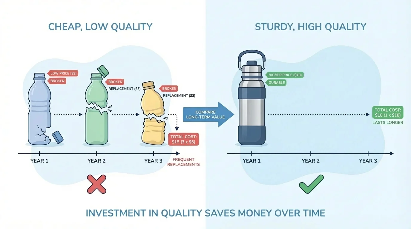 illustration showing three broken cheap water bottles versus one sturdy bottle lasting longer