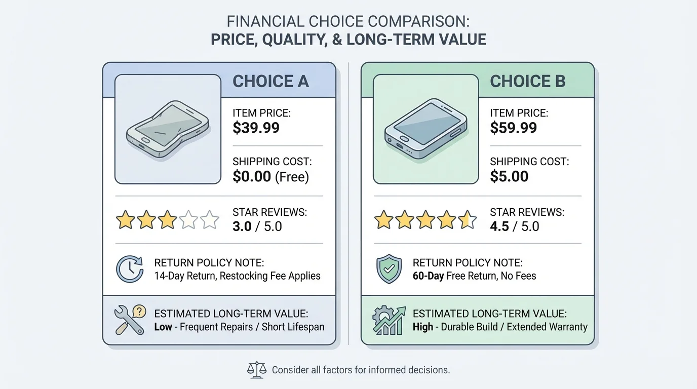 illustration of a shopping screen showing item price, shipping cost, star reviews, and return policy note