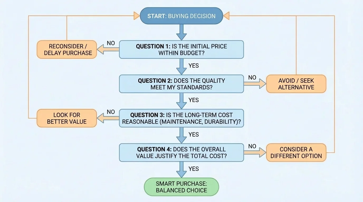 flowchart for making a smart buying decision with four questions and arrows