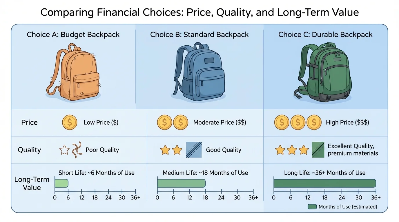 chart comparing three backpack choices by price, quality, and months of use