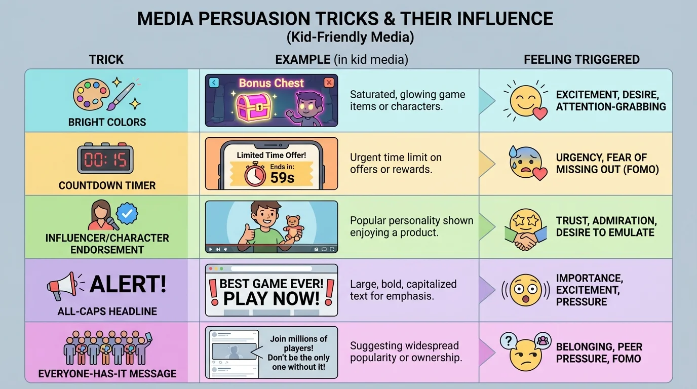 Comparison chart of persuasion tricks in kid-friendly media with columns for trick, example, and feeling triggered—bright colors, countdown timer, influencer, all-caps headline, and everyone-has-it message