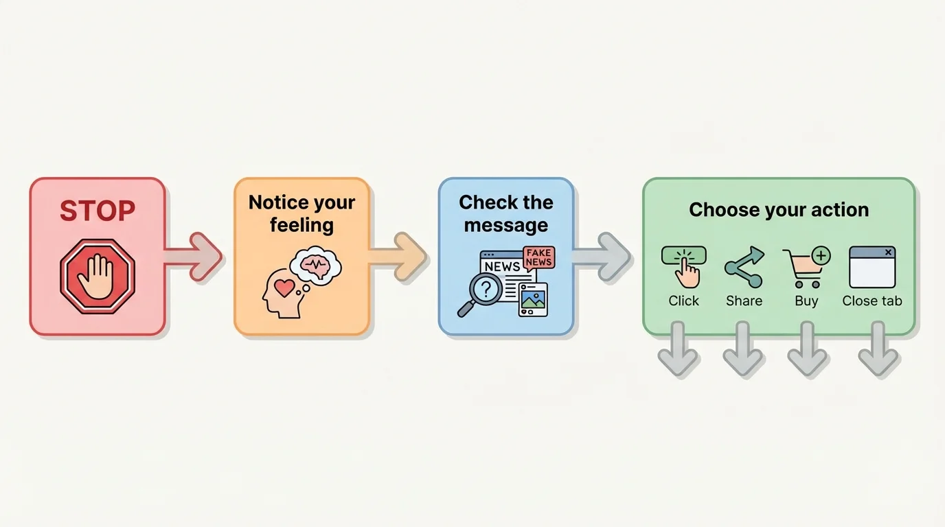 Flowchart with four boxes and arrows labeled Stop, Notice your feeling, Check the message, and Choose your action, with simple icons for click, share, buy, and close tab