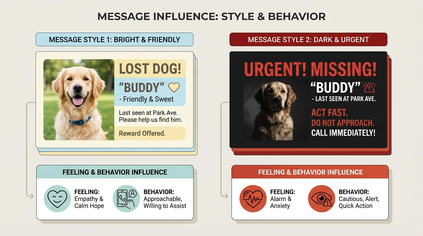 One lost dog message shown in two styles—bright friendly version with soft colors and clear photo, and dark urgent version with red warning colors, dramatic shadows, and bold lettering