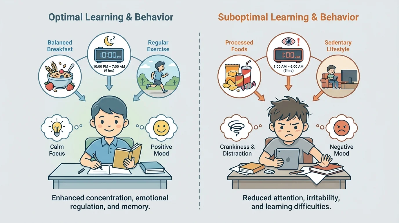 split-scene illustration comparing one child with breakfast sleep and exercise leading to calm focus versus another with junk food late bedtime and no movement leading to crankiness and distraction