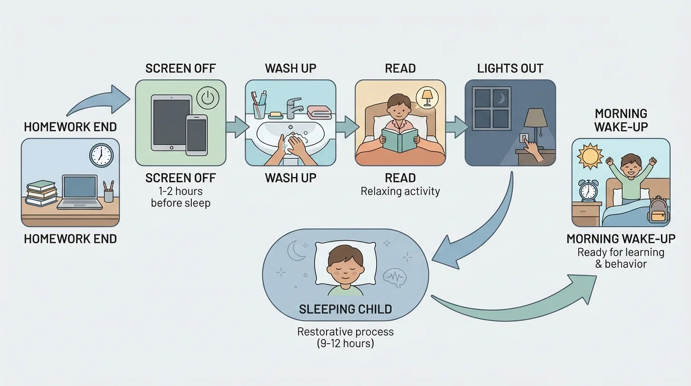 simple bedtime routine flowchart with homework end, screen off, wash up, read, lights out, sleeping child, and morning wake-up