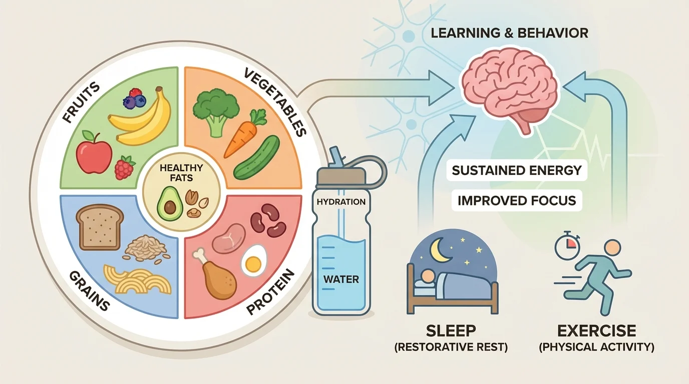 child-friendly balanced meal plate with fruits, vegetables, protein, grains, and water bottle labeled for energy and focus