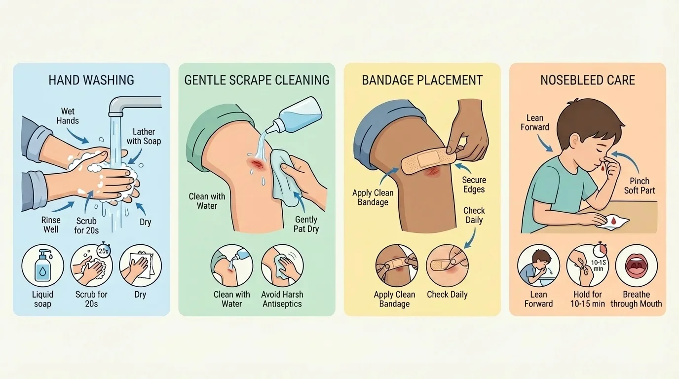illustration showing hand washing, gentle cleaning of a scrape, bandage placement on a knee, and a child leaning forward while pinching the soft part of the nose during a nosebleed