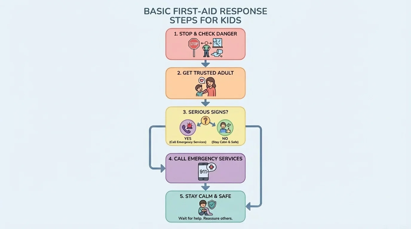 flowchart of basic first-aid response steps for a child facing an injury situation: stop, check danger, get trusted adult, call emergency services for serious signs, stay calm and safe