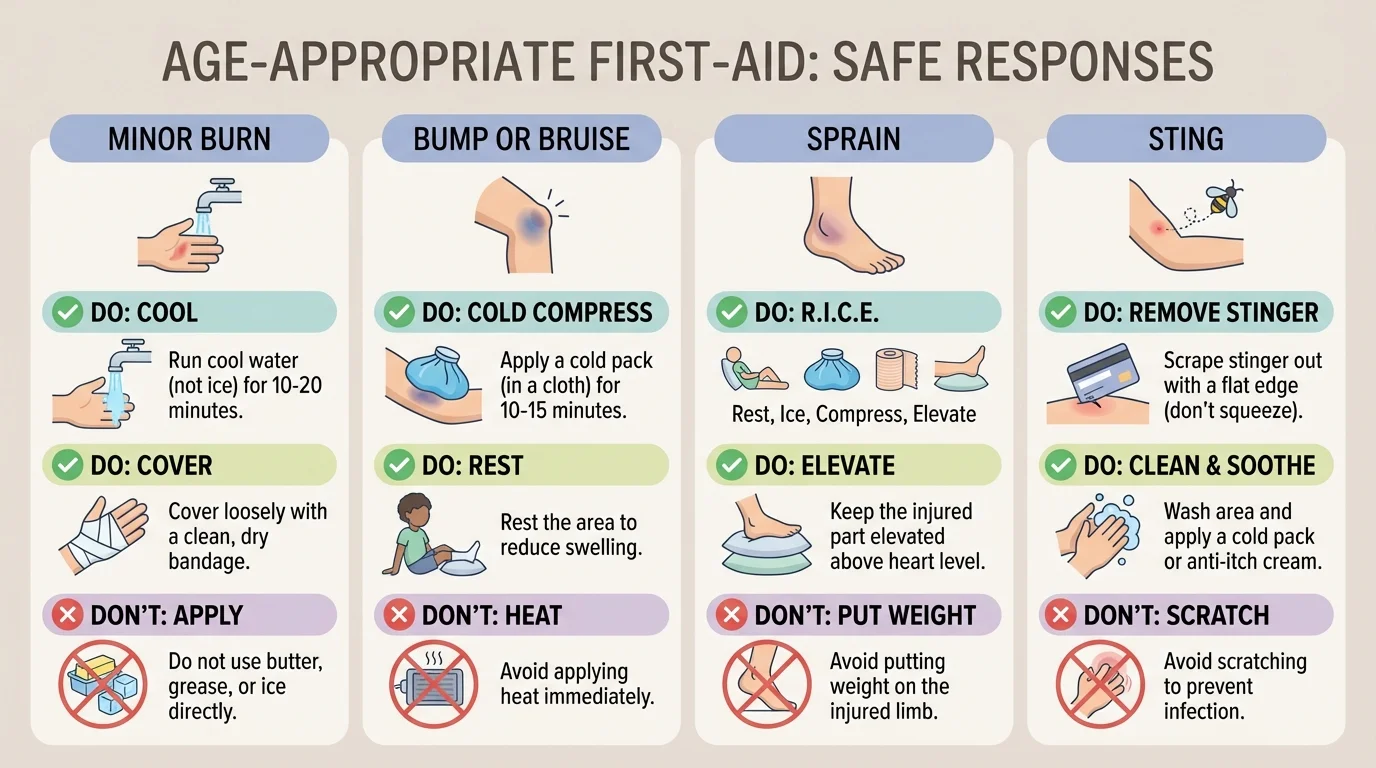 chart comparing safe first-aid responses for a minor burn, bump or bruise, sprain, and sting, with simple pictures and short labels