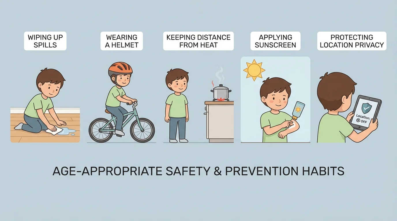 illustration of a child using daily safety habits in different settings: wiping a spill at home, wearing a helmet outdoors, keeping distance from a hot stove, using sunscreen, and protecting location privacy on a device