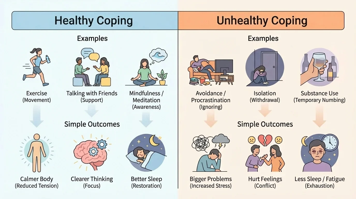 Two-column comparison chart labeled Healthy Coping and Unhealthy Coping with examples and simple outcomes such as calmer body, clearer thinking versus bigger problems, less sleep, hurt feelings