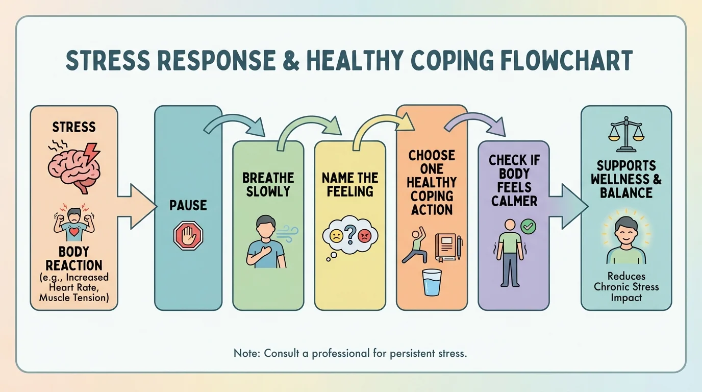 Calm-down flowchart with boxes and arrows: pause, breathe slowly, name the feeling, choose one healthy coping action, check if body feels calmer