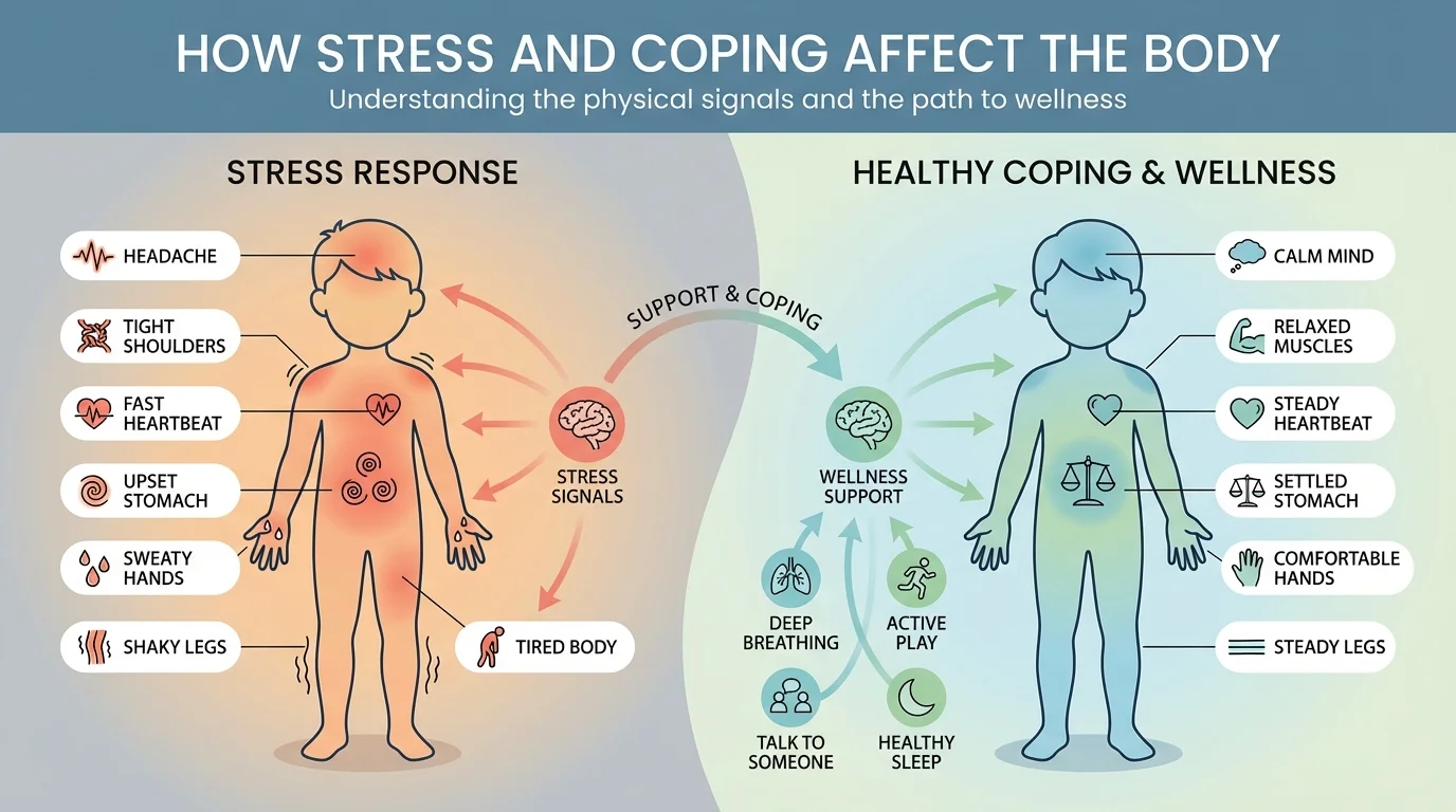 Child outline with simple labels showing common stress signals: headache, tight shoulders, fast heartbeat, upset stomach, sweaty hands, shaky legs, tired body