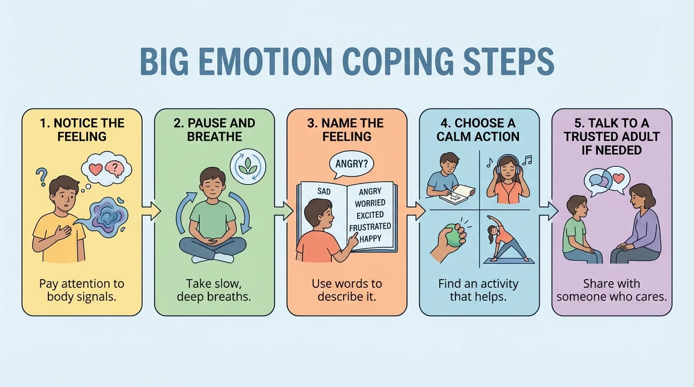 Big emotion coping steps: notice the feeling, pause and breathe, name the feeling, choose a calm action, talk to a trusted adult if needed