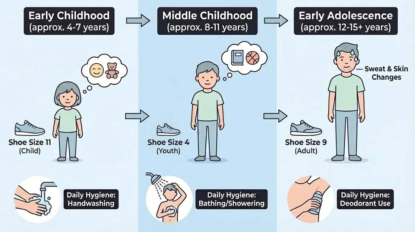 Child growing taller across three stages with labels for changing shoe size, sweat, skin changes, and daily hygiene like washing and deodorant