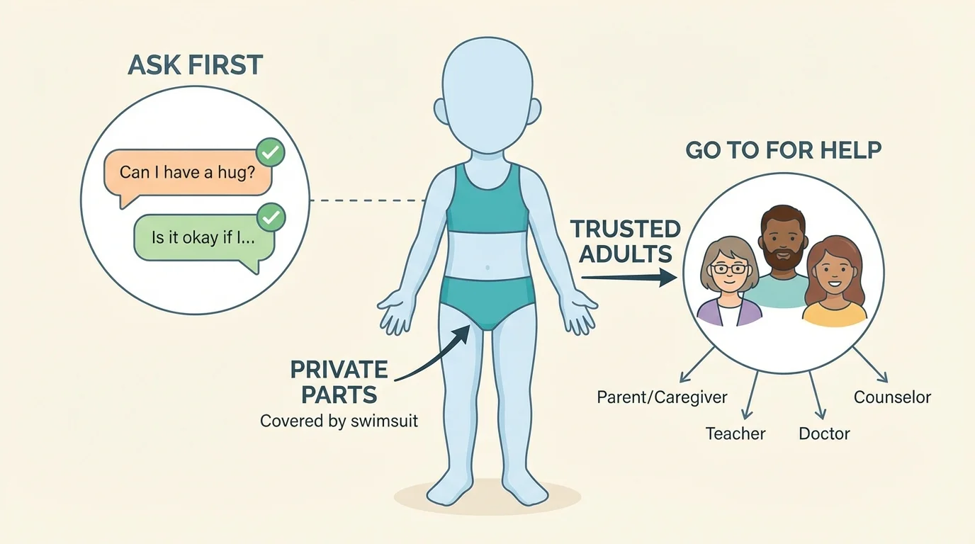 Personal boundaries chart with body outline, swimsuit-covered private parts, examples of asking permission for hugs, and arrows to trusted adults for help