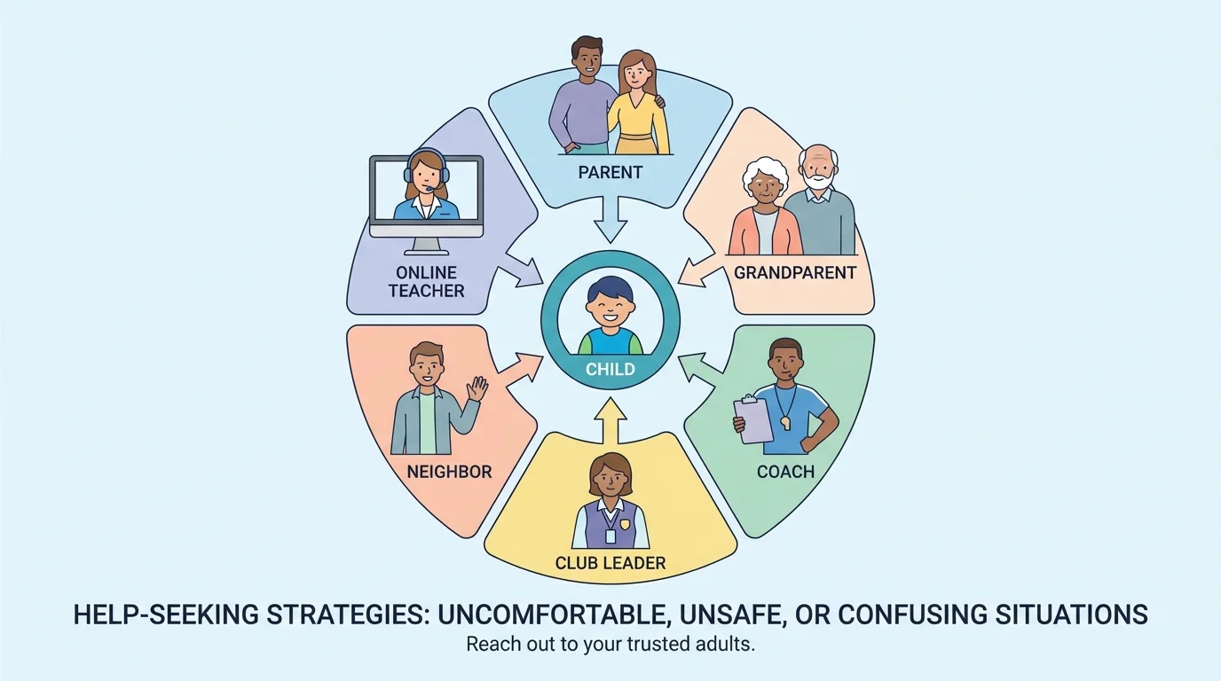 illustration of a child-centered support circle showing parent, grandparent, coach, club leader, neighbor, and online teacher on screen as trusted adults