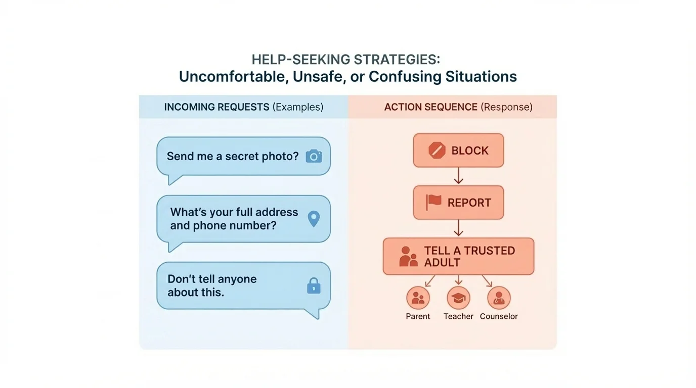 illustration of a tablet screen with chat bubbles showing requests for secrets, personal information, photos, and a block-report-tell response sequence