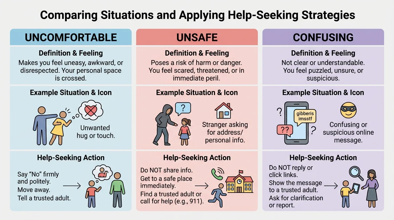 chart comparing uncomfortable, unsafe, and confusing situations with example icons such as unwanted hug, stranger asking for address, and confusing online message