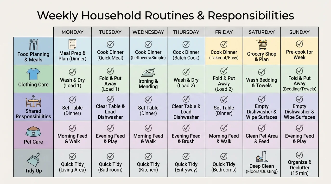 Chart showing a weekly routine with columns for days and rows for tasks like set table, fold clothes, feed pet, and tidy room