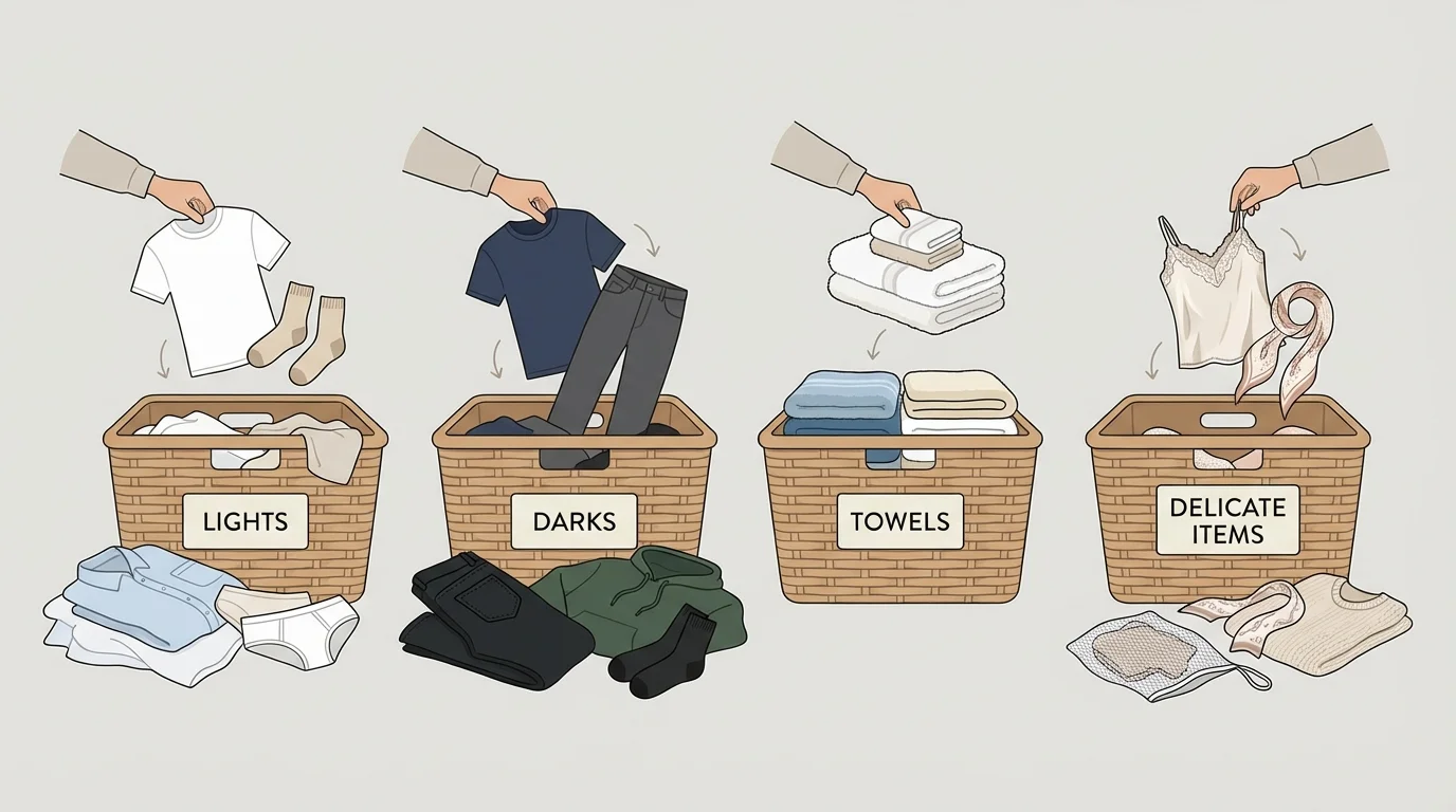Illustration of laundry baskets labeled lights, darks, towels, and delicate items, with shirts, socks, and towels being sorted