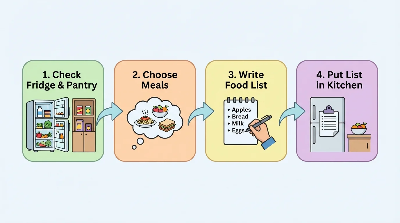 Child-friendly flowchart showing steps check fridge and pantry, choose meals, write food list, put list in kitchen