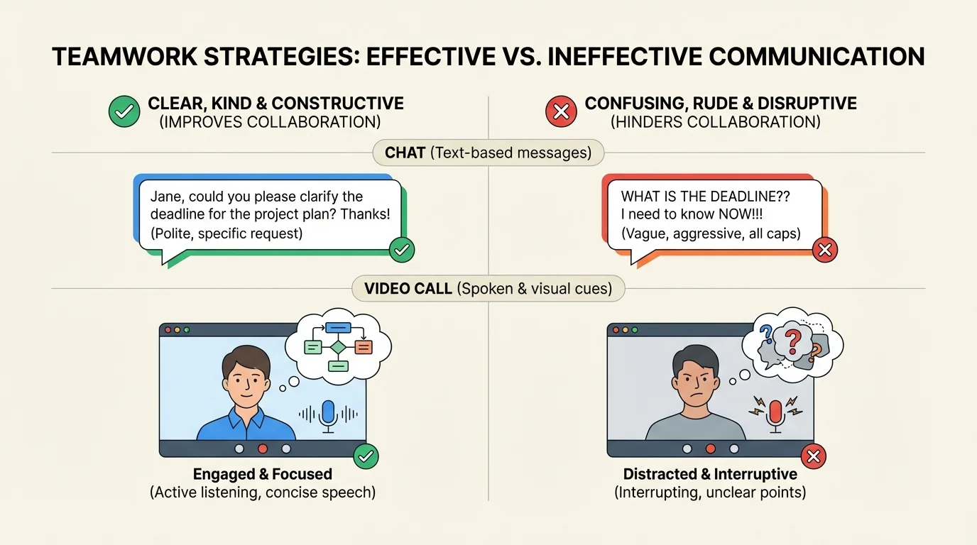 Chart comparing clear, kind team messages with confusing or rude messages in a chat and video-call setting