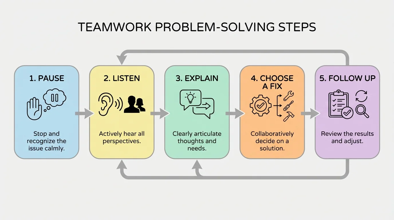 Flowchart showing teamwork problem-solving steps: pause, listen, explain, choose a fix, and follow up