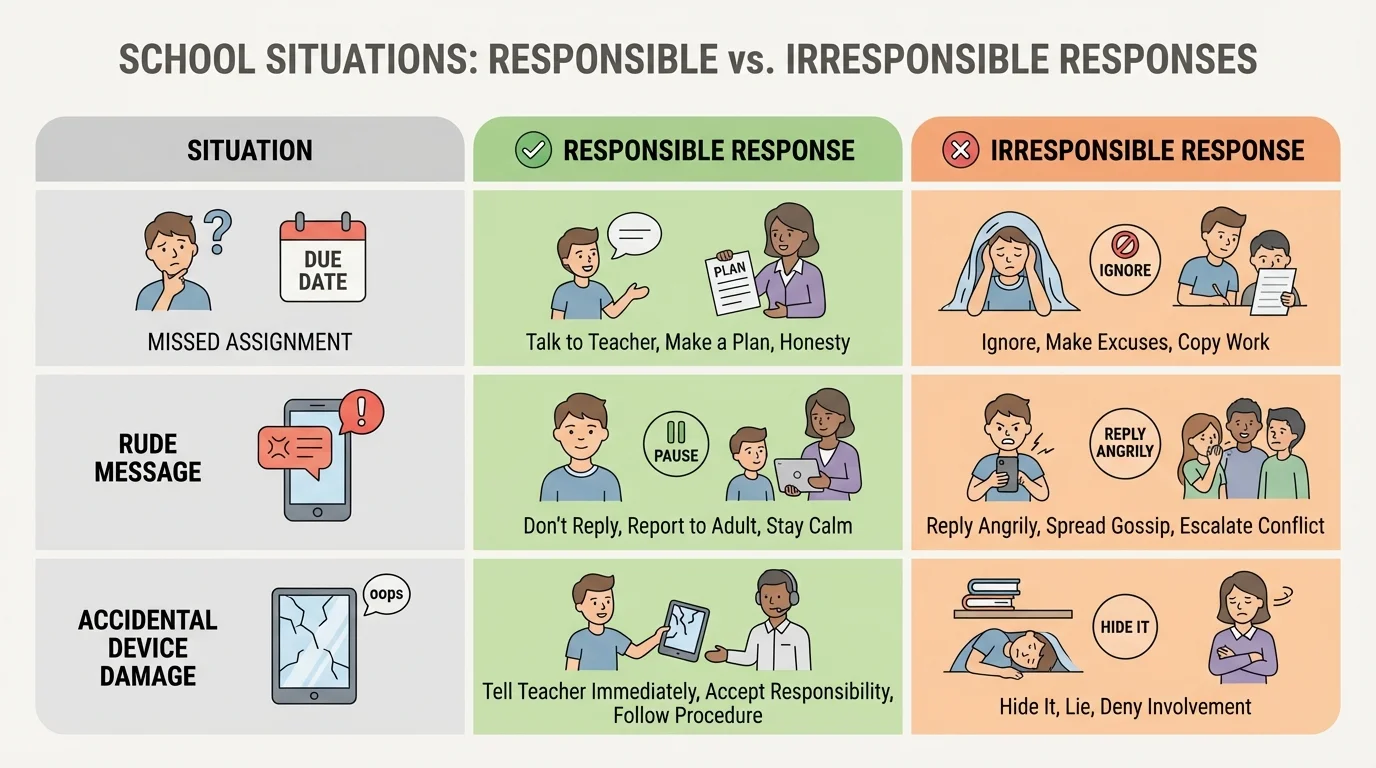 chart comparing student choices in situations such as missed assignment, rude message, and accidental damage to a device
