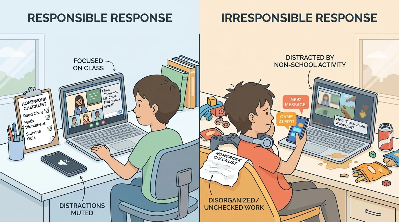 illustration of a child at home during online school with laptop, homework checklist, muted distractions, and respectful chat message on screen