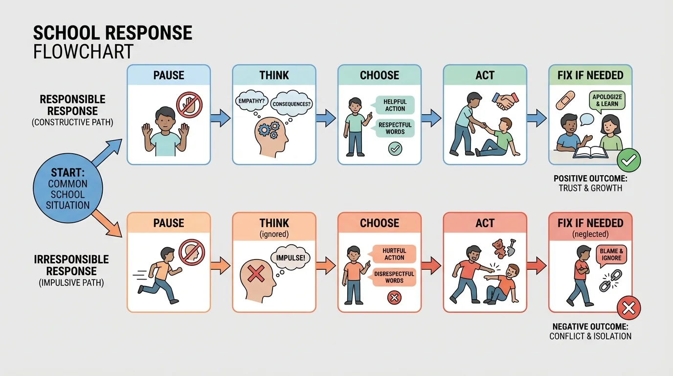 flowchart with steps pause, think, choose, act, and fix if needed