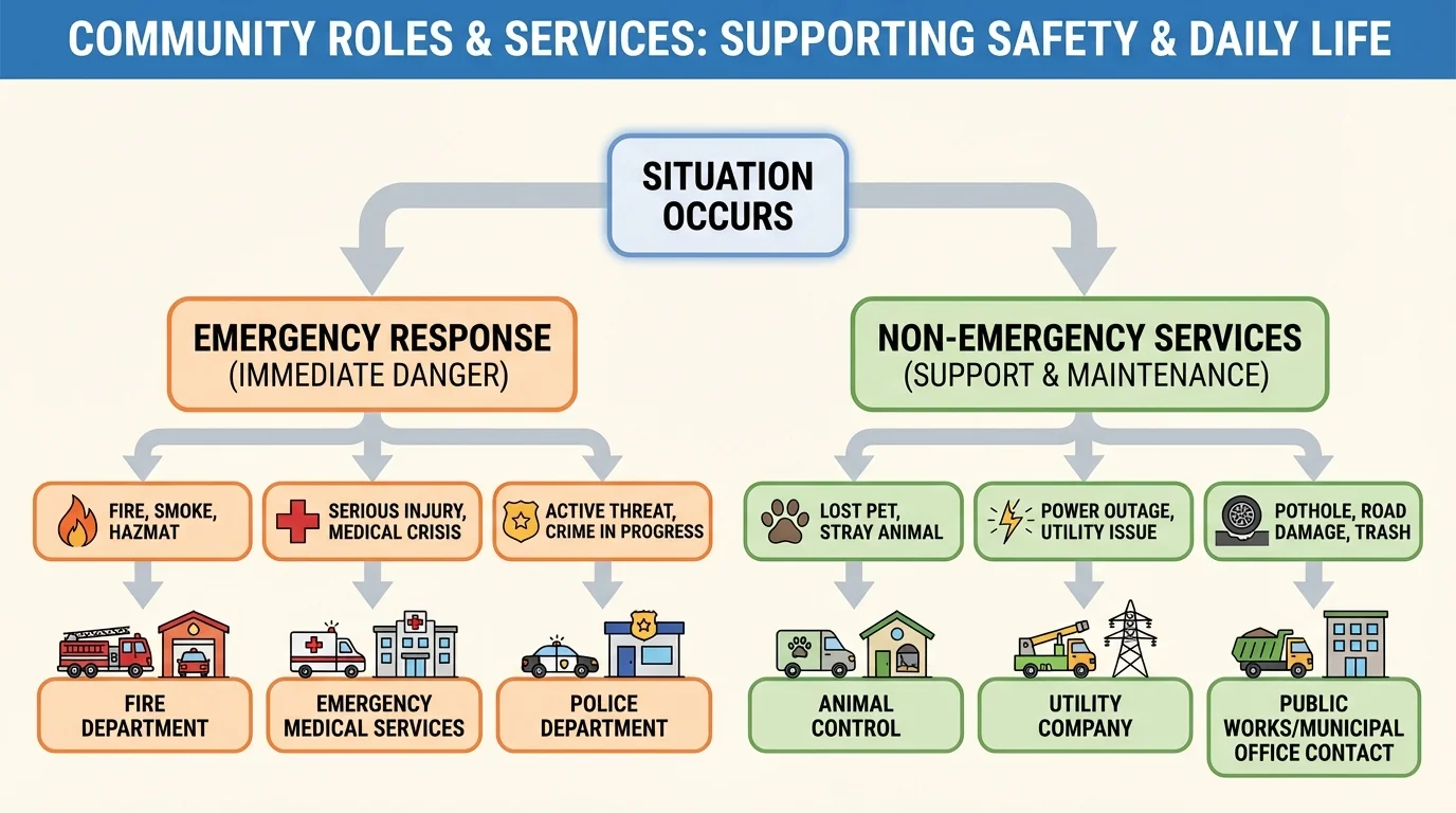 decision tree for emergency versus non-emergency choices with examples such as fire, injury, power outage, lost pet, pothole, and community office contact