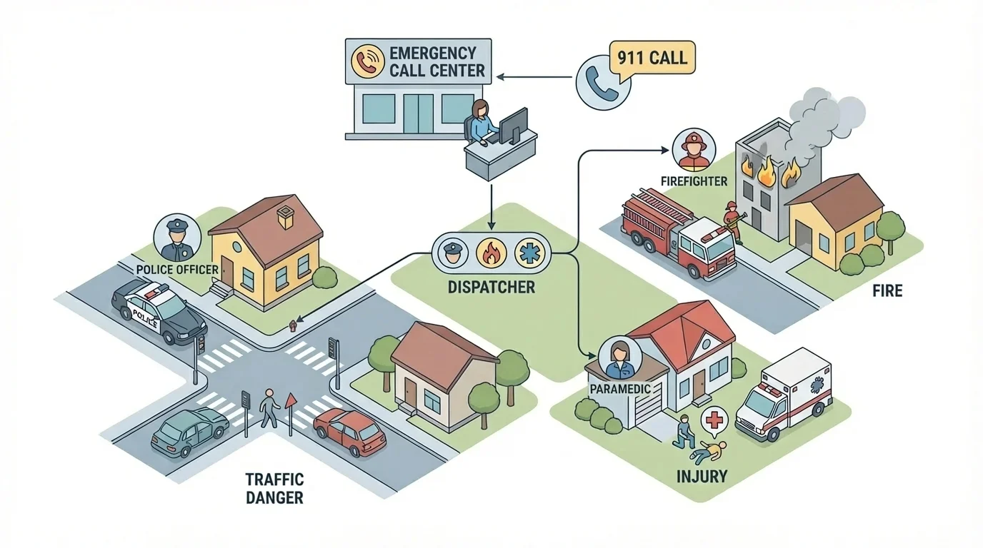 neighborhood scene showing police officer, firefighter, paramedic, and dispatcher icons connected to situations like fire, injury, traffic danger, and emergency call