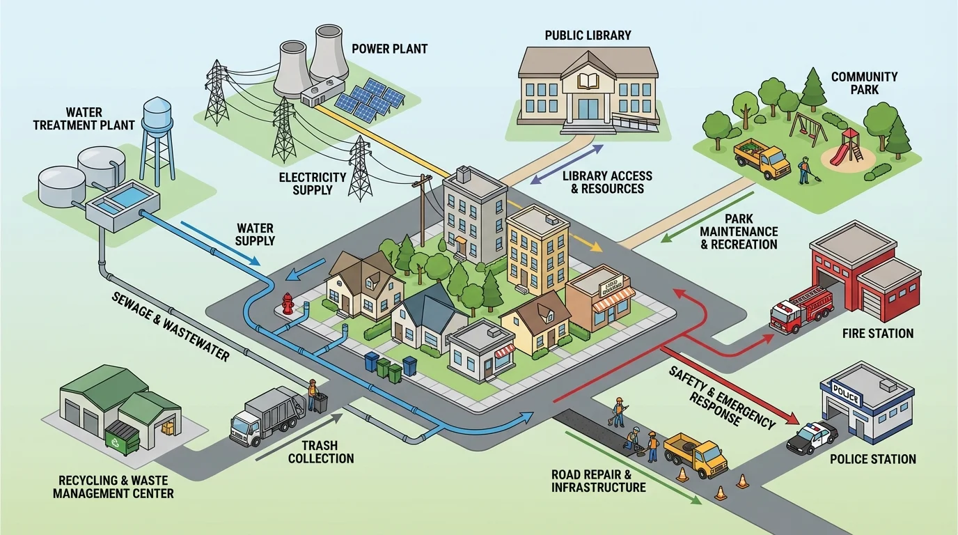 homes and neighborhood places linked to services including water, electricity, trash collection, road repair, library access, and park maintenance