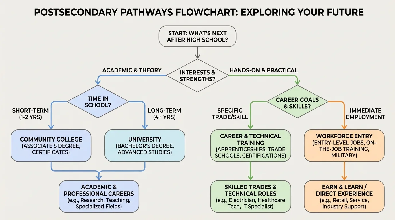flowchart with questions about interests, hands-on learning, time in school, and career goals leading to different pathway options