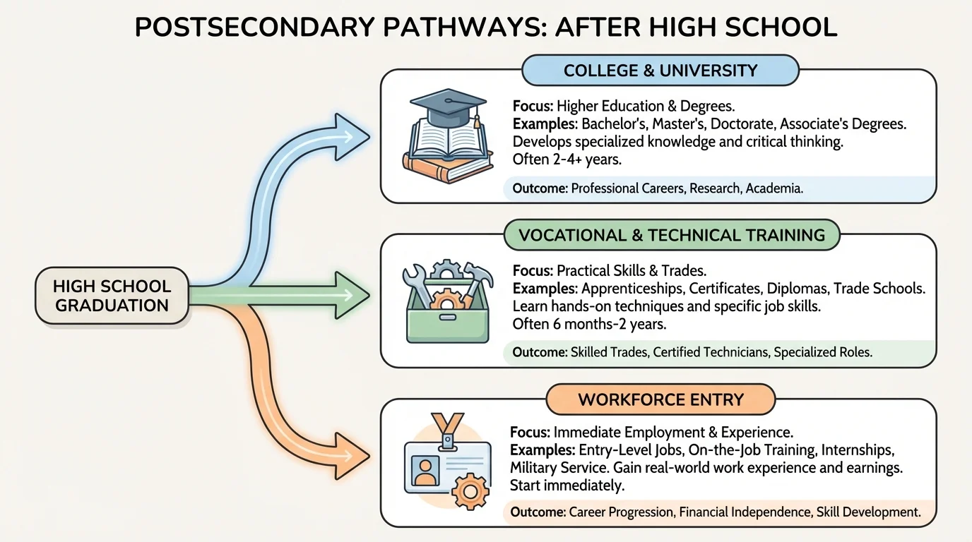 chart showing three pathways after high school with simple icons for books, tools, and a job badge