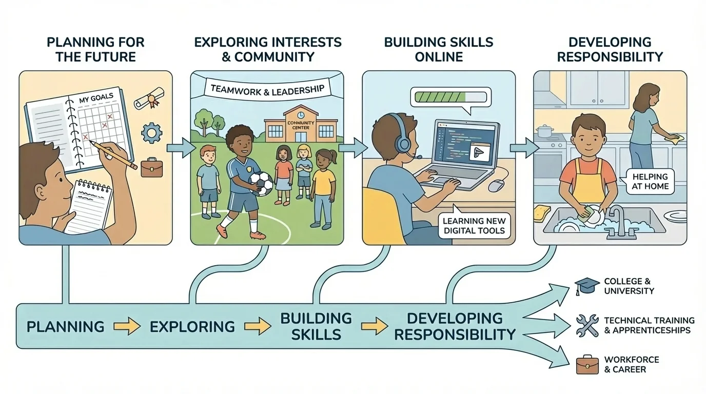 illustration of a child using a planner, joining an activity, practicing a skill online, and helping with responsibilities at home