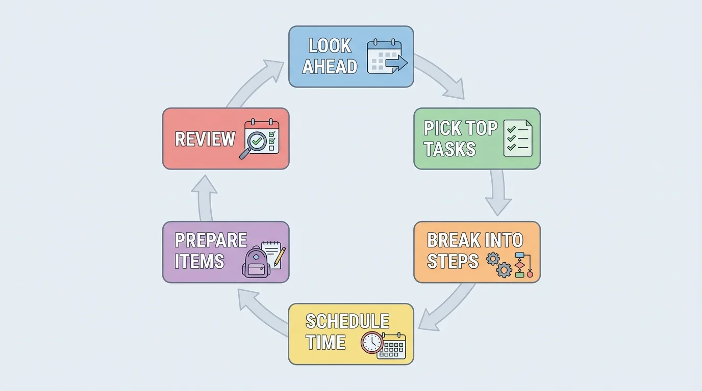 weekly planning routine with boxes labeled look ahead, pick top tasks, break into steps, schedule time, prepare items, review