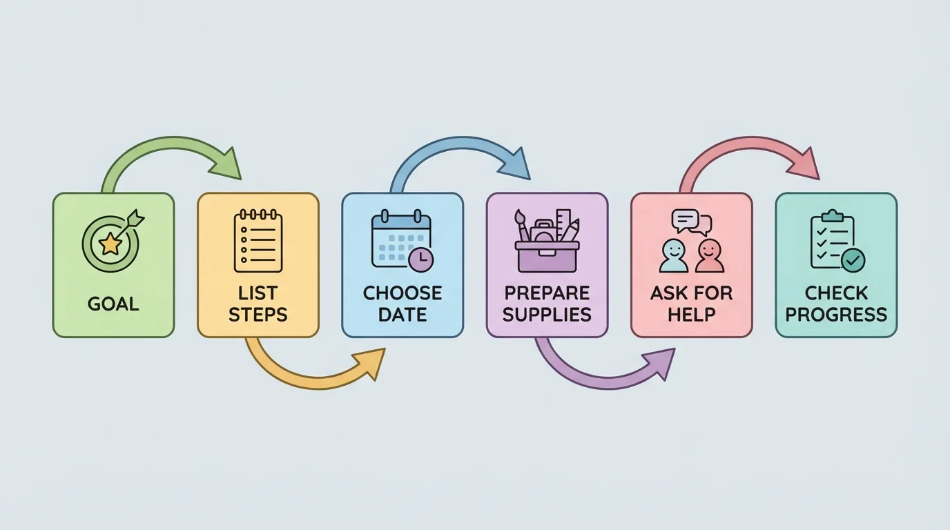 child-friendly planning flow with boxes labeled goal, list steps, choose date, prepare supplies, ask for help, check progress