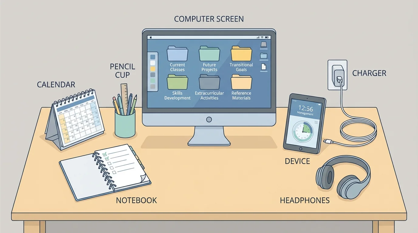 home study space with calendar, notebook, device, headphones, charger, pencil cup, and computer screen showing labeled folders for subjects and activities