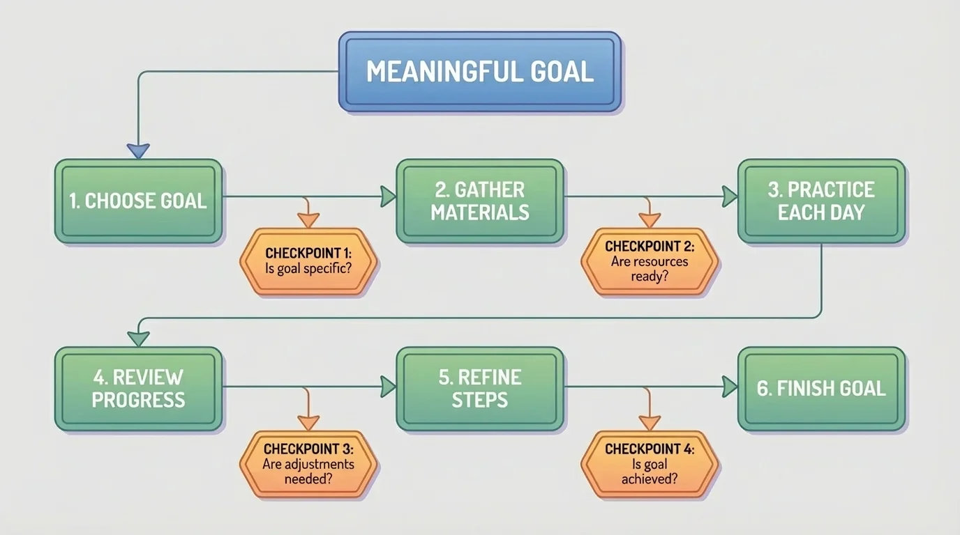 Flowchart showing a student goal at the top, then smaller action steps underneath in order, such as choose goal, gather materials, practice each day, review progress, finish goal