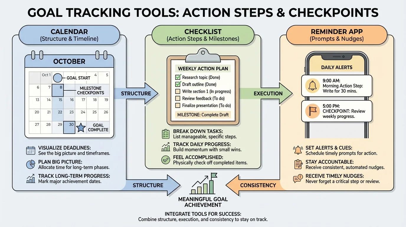 Chart comparing a calendar, checklist, and reminder app, with short notes showing how each helps a student stay on track with a goal