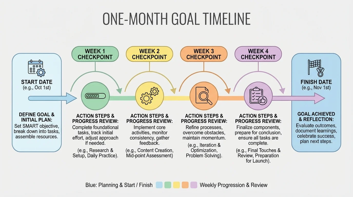 Timeline of a one-month goal with a start date, weekly checkpoints, and a finish date marked clearly