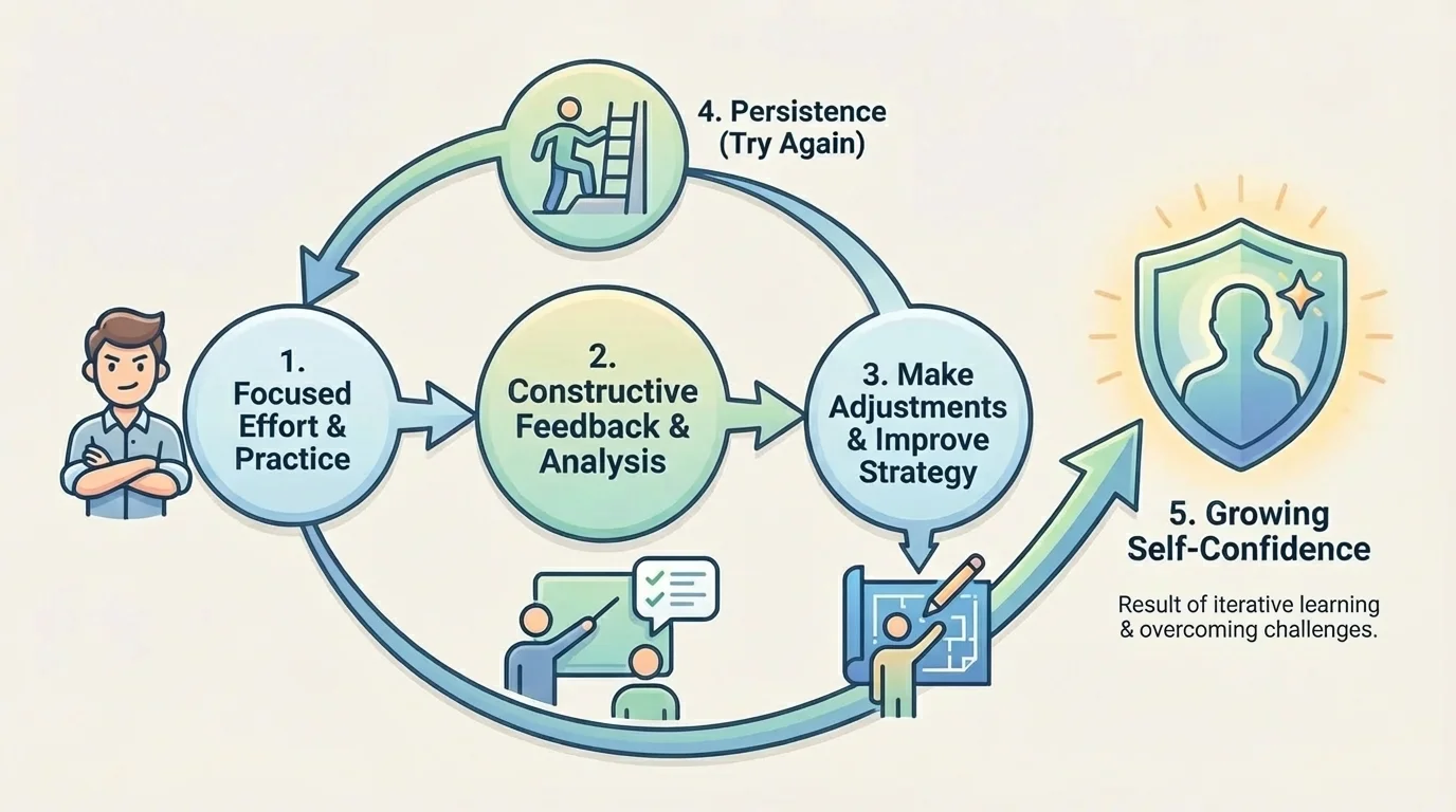 Flowchart of a student practicing a skill, getting feedback, making changes, trying again, and building confidence