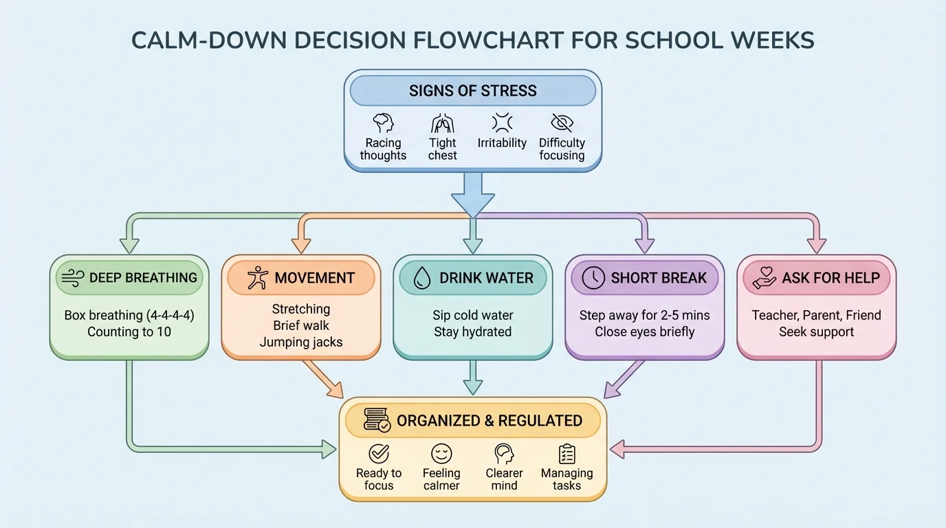 Calm-down decision flowchart with signs of stress leading to breathing, movement, water, short break, or asking for help