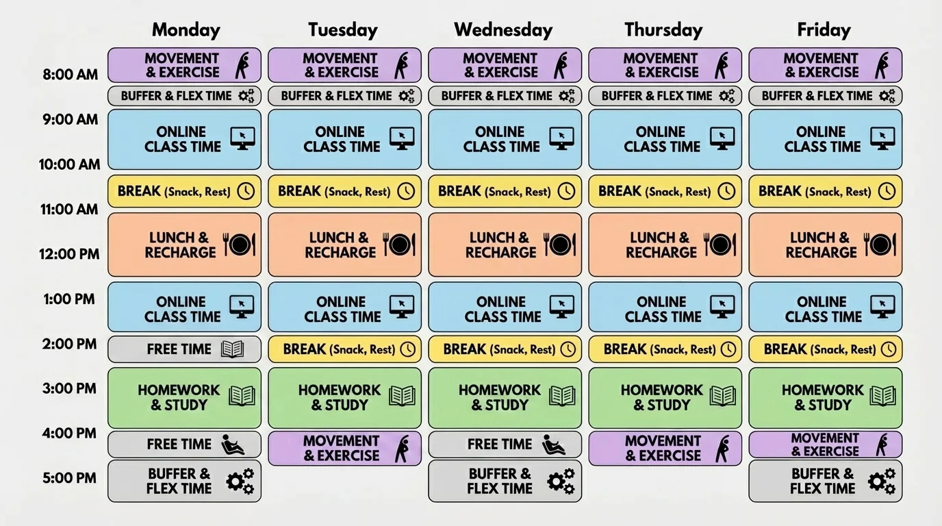 Color-coded daily schedule for an online student with class time, homework, breaks, lunch, movement, and extra buffer block