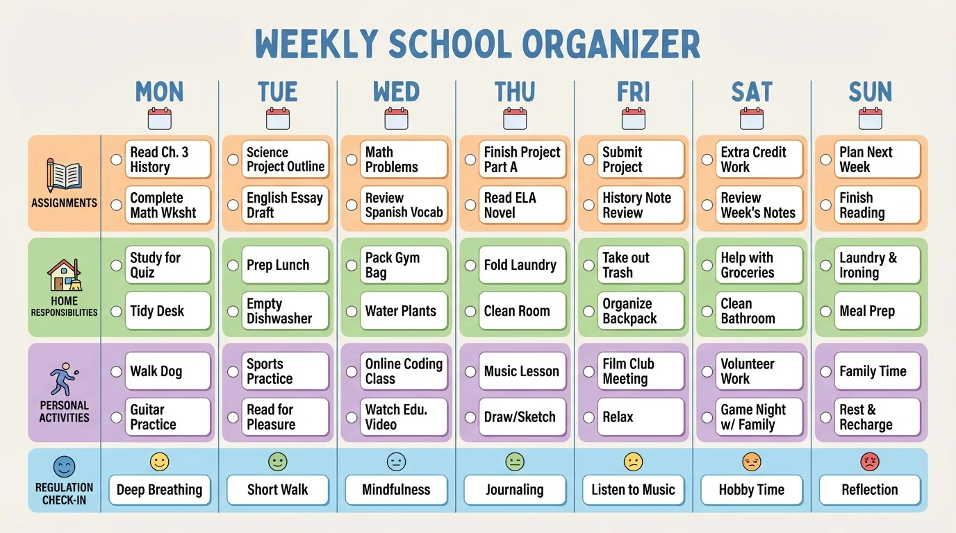 Weekly planning sheet with columns for days, assignments, home responsibilities, and personal activities