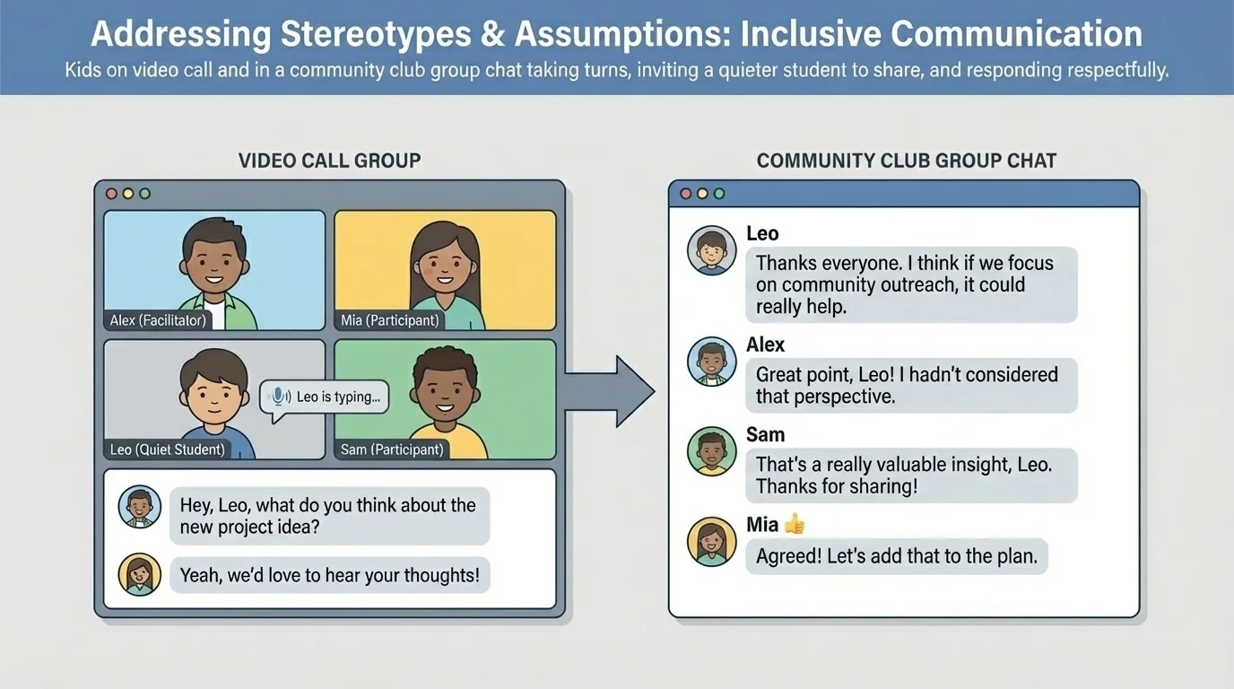 Kids on a video call and in a community club group chat taking turns, inviting a quieter student to share, and responding respectfully
