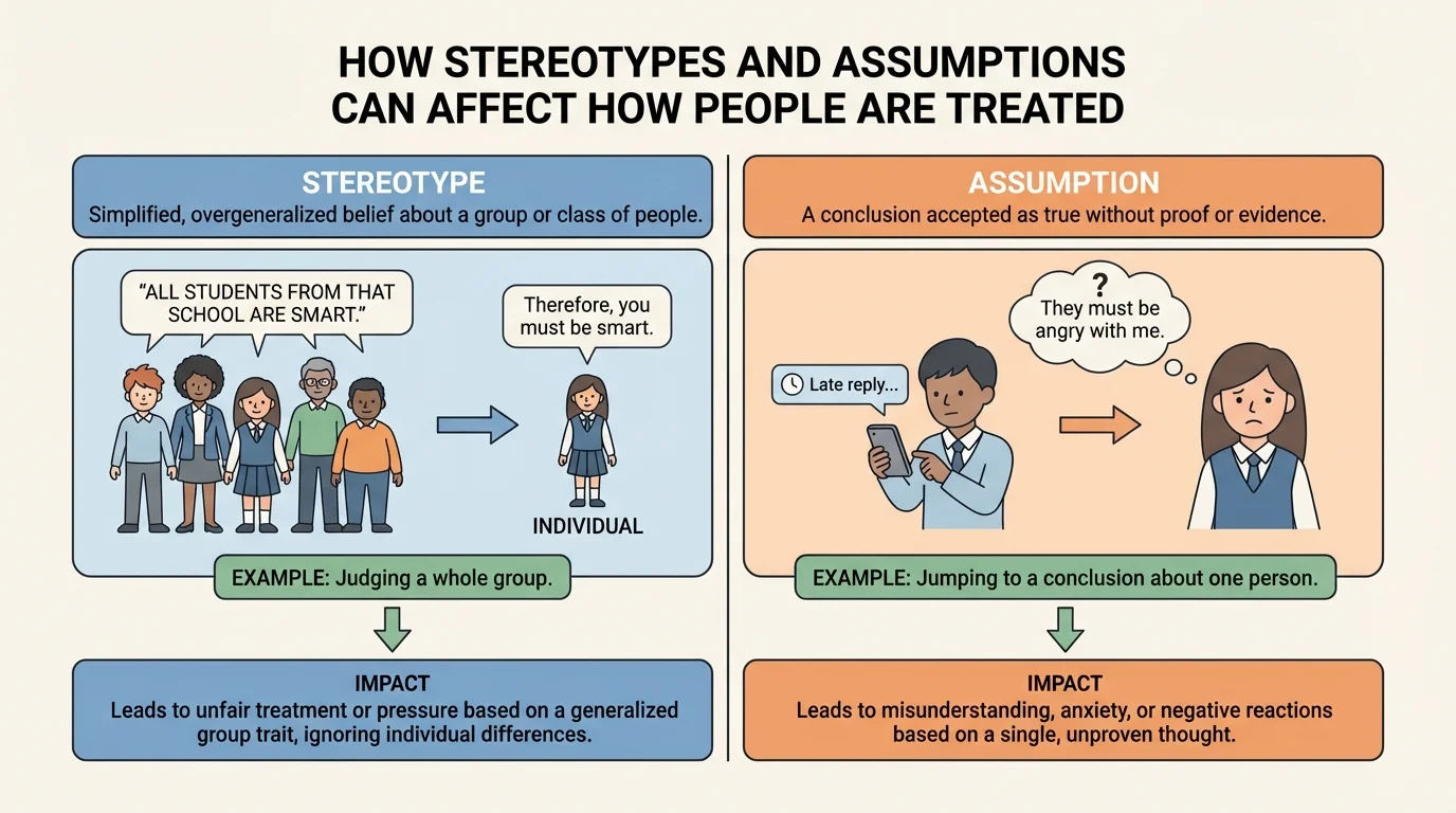 Chart comparing stereotype and assumption with simple examples such as judging a whole group versus jumping to a conclusion about one person replying late to a message